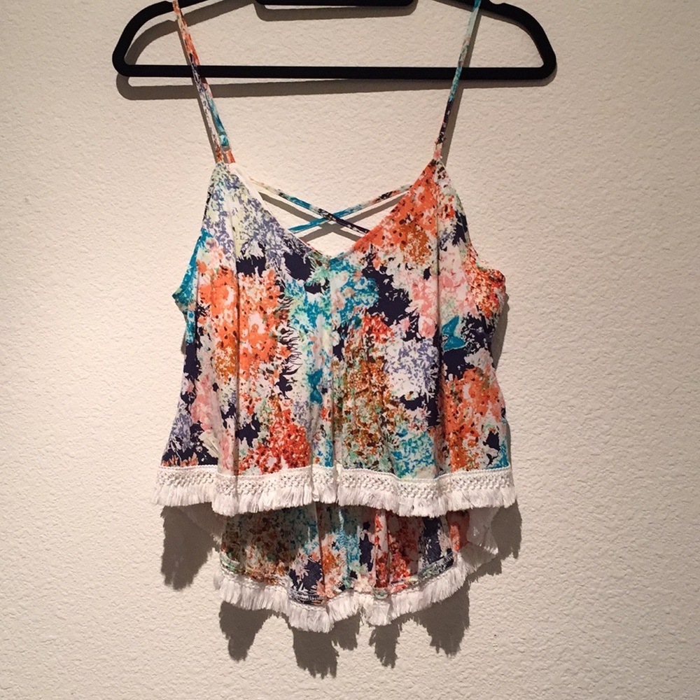 Multicolor splatter print tunic with tassel detail